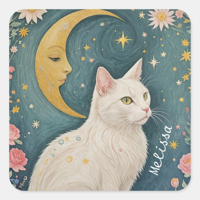 Adesivo Quadrado O Gato Branco Encantador com Olhos Verdes (Frente)