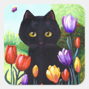Adesivo Quadrado O gato preto bonito floresce tulipas Creationarts
