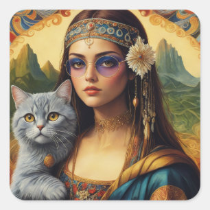 Adesivo Quadrado O jovem Hippie Mona Lisa e o seu gato Cinza