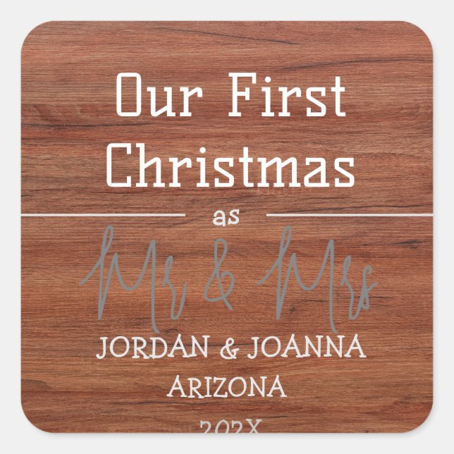 Adesivo Quadrado O nosso primeiro Natal, Sr. e Sra. madeira recém-c (Frente)