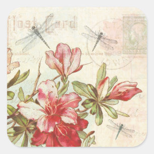 Adesivo Quadrado O vermelho floral do vintage da libélula floresce