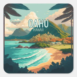 Adesivo Quadrado Oahu Hawaii Beach Vintage Retro