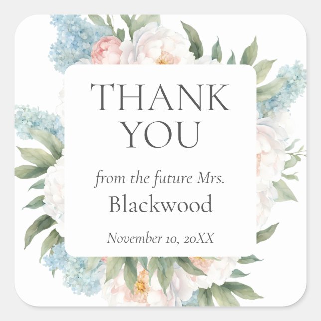 Adesivo Quadrado Obrigada FLORES MACIAS AZUIS ROSADAS NOIVA (Frente)