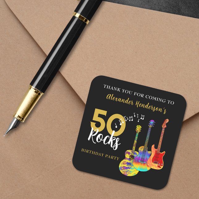 Adesivo Quadrado Obrigado 50 anos Guitar Rocks 50 (Rock and roll 50th birthday thank you sticker funky guitars cool gold typography on black)
