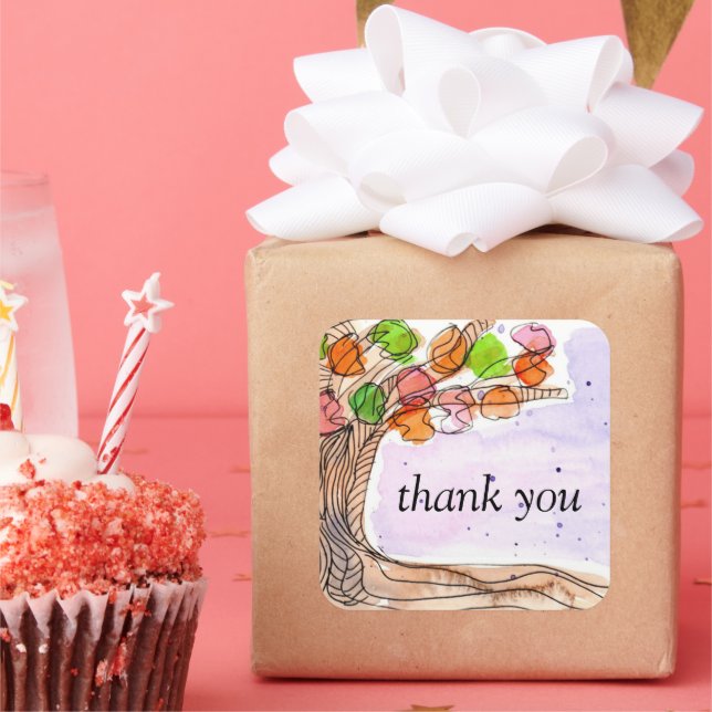 Adesivo Quadrado Obrigado - Árvore De Folheto De Aquarela (Festa)