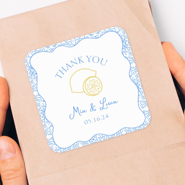 Adesivo Quadrado Obrigado Azulejos Azuis Lemon Casamento Personaliz (Add a playful touch to your favors with these lemon and blue tile personalized thank you stickers, )