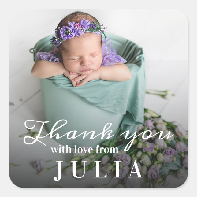 Adesivo Quadrado Obrigado Baby Newborn Chá de fraldas Script Classi (Frente)