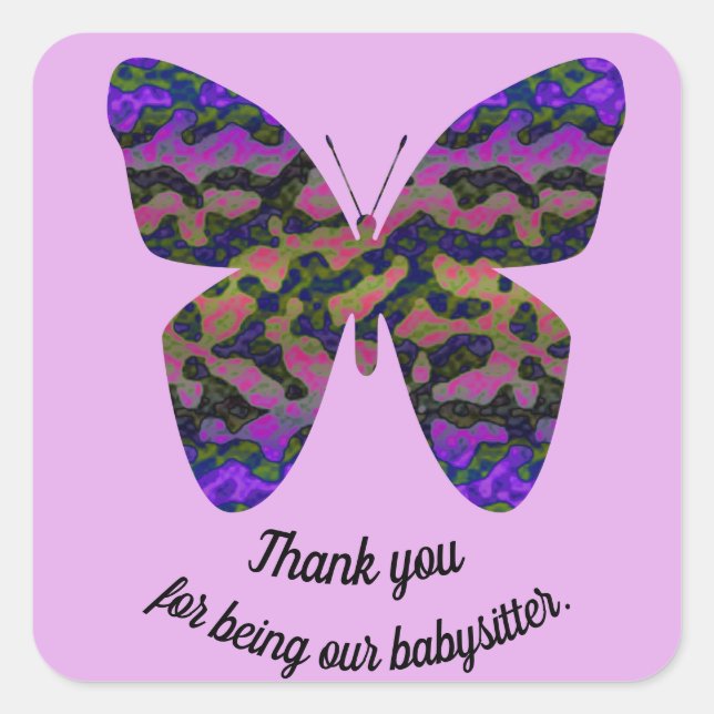 Adesivo Quadrado Obrigado Babysitter Purple Butterfly Apreciação (Frente)