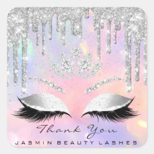 Adesivo Quadrado Obrigado Bela Lashes Bridal Holographic Glitter