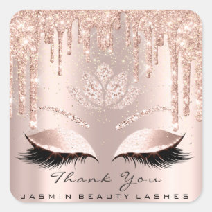 Adesivo Quadrado Obrigado Bela Lashes Lotus Bridal Rosa Glitter