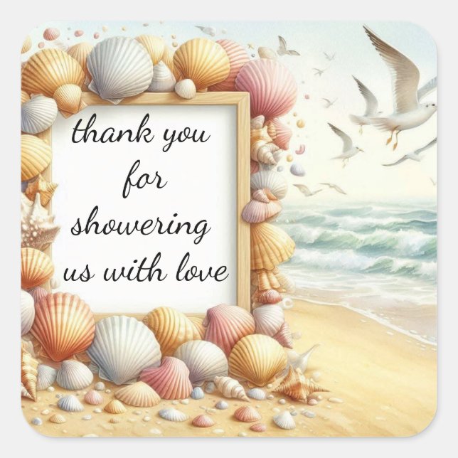 Adesivo Quadrado Obrigado Boho Beach Shell Baby Shower Clássico Rou (Frente)