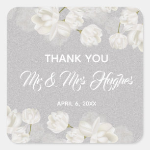 Adesivo Quadrado Obrigado branco elegante do casamento da tulipa