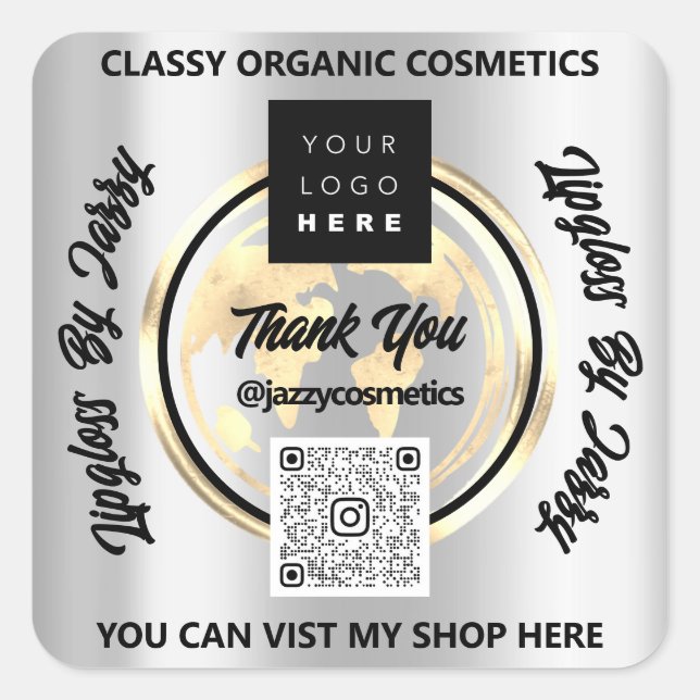 Adesivo Quadrado Obrigado Business Logotipo QRCode Mundo TerraPrata (Frente)