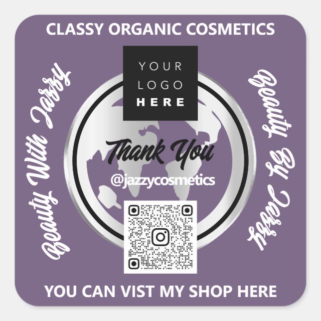 Adesivo Quadrado Obrigado Business Logotipo QRCode Silver Map Globe (Frente)