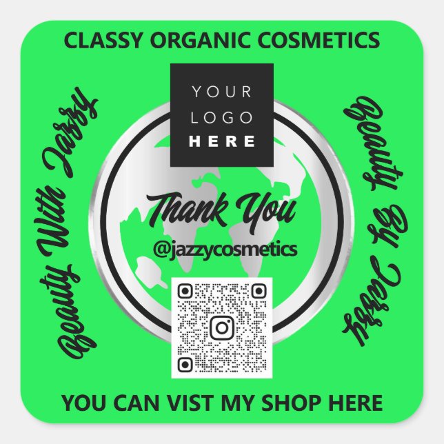 Adesivo Quadrado Obrigado Business Logotipo QRCode Silver Map Globo (Frente)