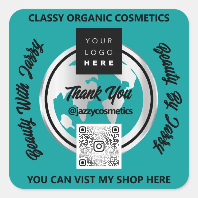 Adesivo Quadrado Obrigado Business QR Code Logotipo Silver Map Glob (Frente)