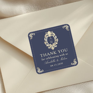 Adesivo Quadrado Obrigado Casamento Barroco Azul Marinho