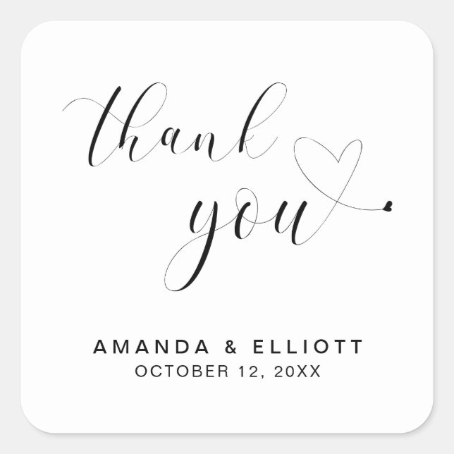 Adesivo Quadrado Obrigado Casamento da Tipografia Branca e Negra (Frente)