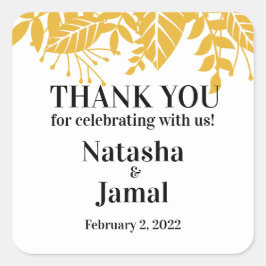 Adesivo Quadrado Obrigado! Casamento de Folhas Amarelas de Mostarda