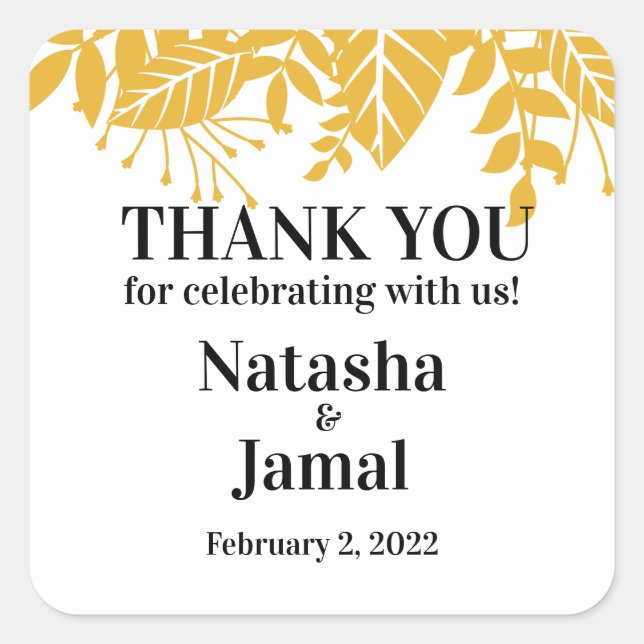Adesivo Quadrado Obrigado! Casamento de Folhas Amarelas de Mostarda (Frente)