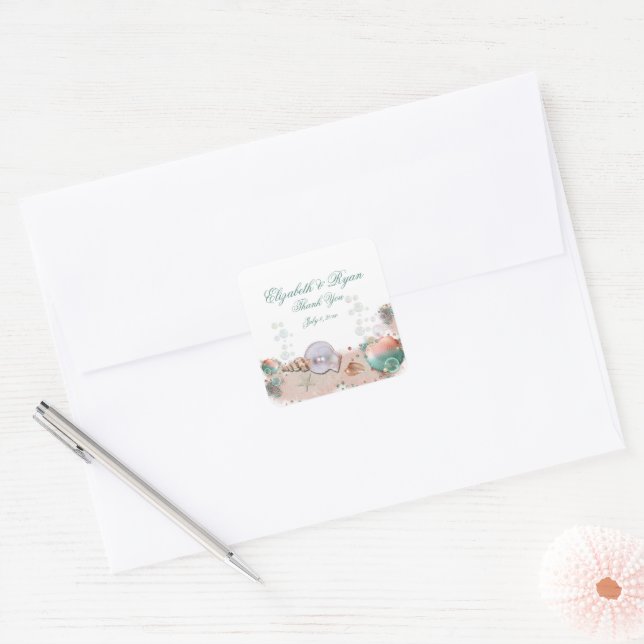 Adesivo Quadrado Obrigado, Casamento De Praia Da Ilha Tropical Seas (Envelope)
