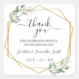 Adesivo Quadrado Obrigado, casamento geométrico de ouro verde