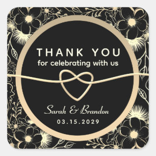 Adesivo Quadrado Obrigado Casamento Preto Branco Dourado Vintage
