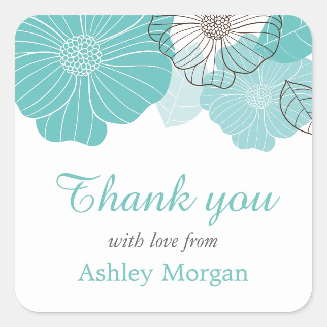 Adesivo Quadrado Obrigado com amor Simples Chic Teal Green Floral (Frente)