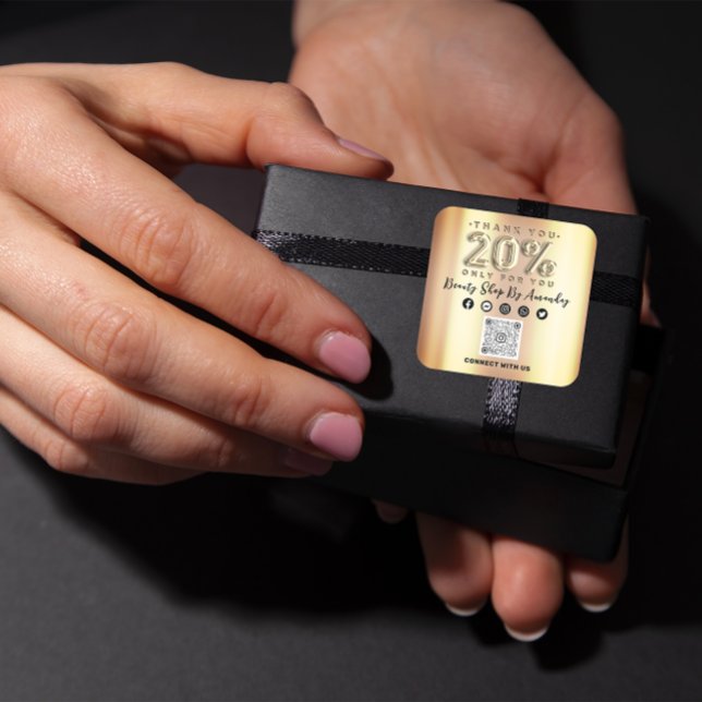 Adesivo Quadrado Obrigado Comprando 20% de Falso CÓDIGO QR Dourado (Thank Shopping 20%Off QR CODE Faux Gold Square Sticker)