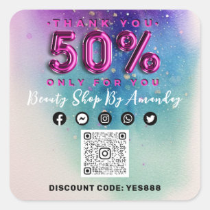 Adesivo Quadrado Obrigado Comprando 50% do logotipo QR CODE rosa