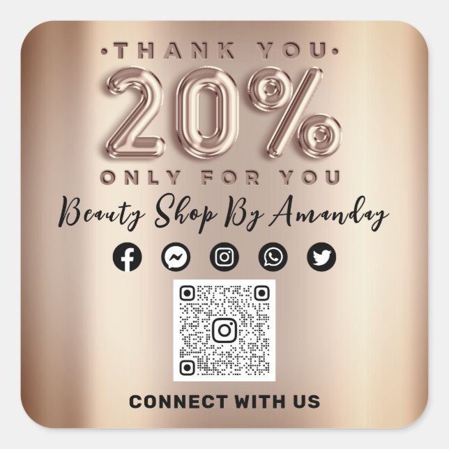 Adesivo Quadrado Obrigado Comprando Rosa 20% DO CÓDIGO QR Online (Frente)