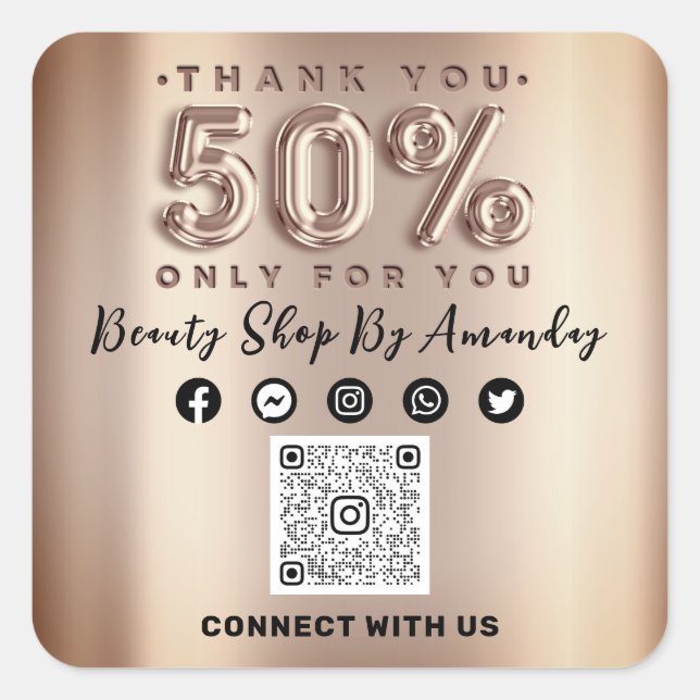 Adesivo Quadrado Obrigado Comprando Rosa a 50% do CÓDIGO QR Online (Frente)