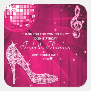 Adesivo Quadrado Obrigado cor-de-rosa do aniversário da bola do