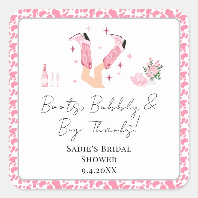 Adesivo Quadrado Obrigado Cowboy Botas & Bubbly Chá de Noiva  (Frente)