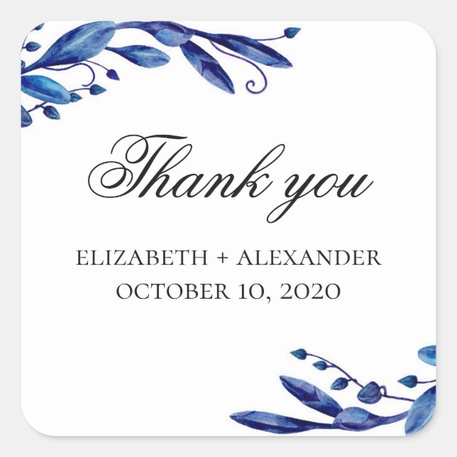 Adesivo Quadrado Obrigado de casamento azul. Aquarela de marinho fl (Frente)