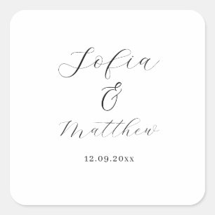 Adesivo Quadrado Obrigado de Casamento de Script Negro e Branco