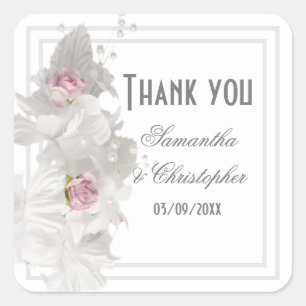 Adesivo Quadrado obrigado de casamento floral branco