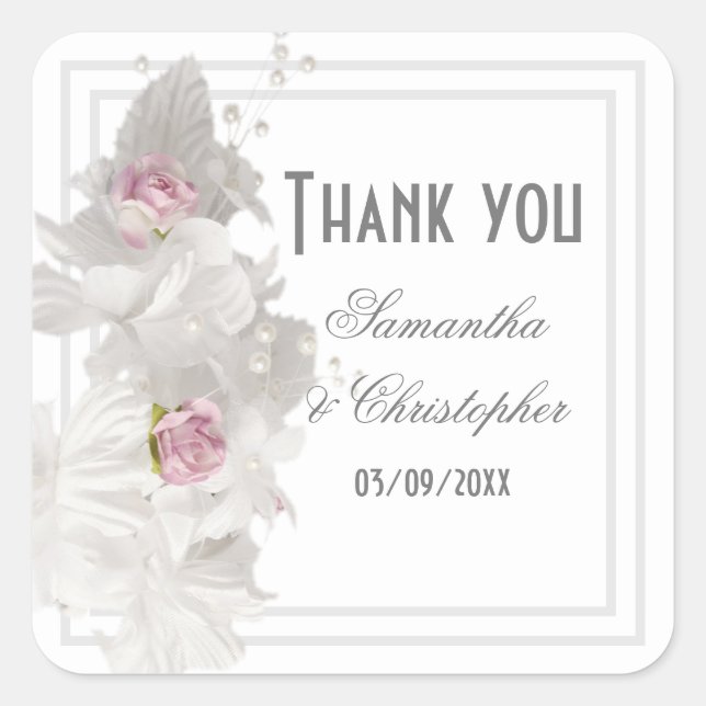Adesivo Quadrado Obrigado de casamento floral branco (Frente)