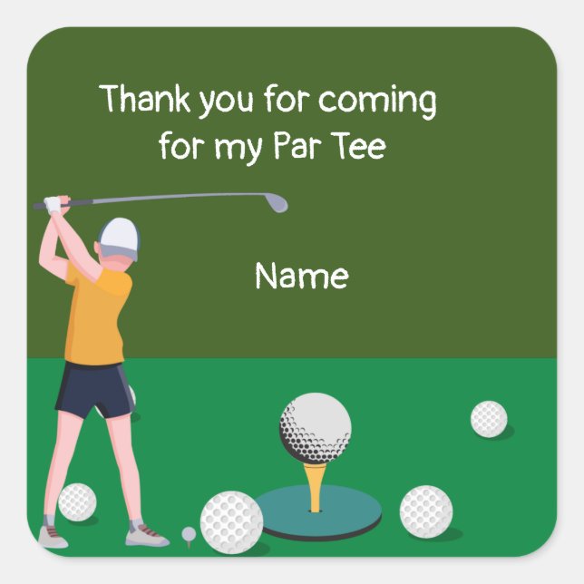 Adesivo Quadrado Obrigado de golfe por vir à minha festa (Frente)