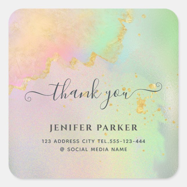 Adesivo Quadrado Obrigado de script de aquarela dourada holográfico (Frente)