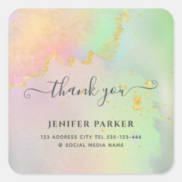 Adesivo Quadrado Obrigado de script de aquarela dourada holográfico