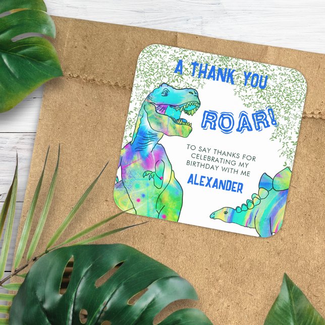 Adesivo Quadrado Obrigado dinossauro Colorido (T-Rex roar dinosaur jungle birthday party thank you custom favor sticker modern blue and green)