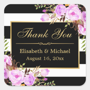 Adesivo Quadrado Obrigado Dourado listrado branco preto floral roxo