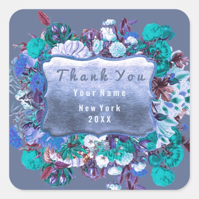 Adesivo Quadrado Obrigado Dourado Quadro Rosa Floral Enfumaçado Blu (Frente)