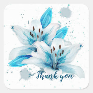 Adesivo Quadrado Obrigado e flor azul de aquarela