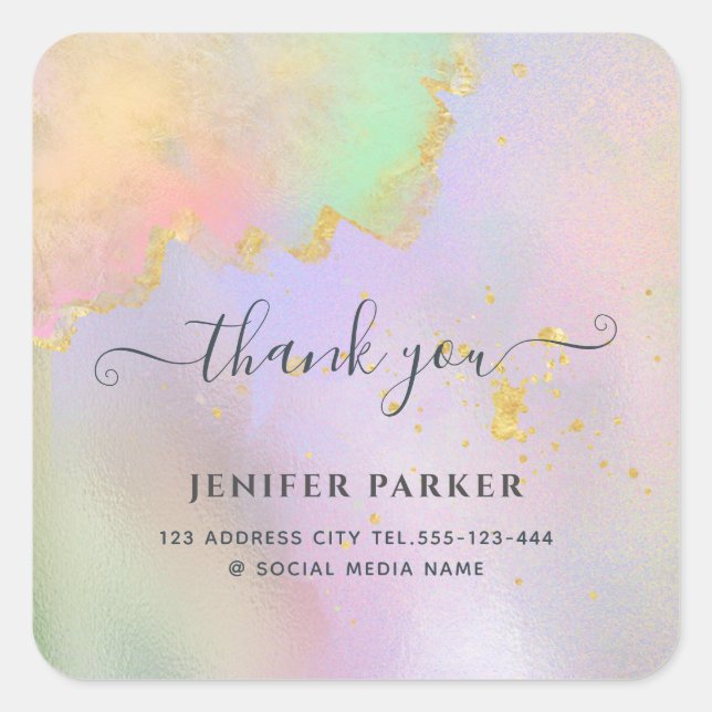 Adesivo Quadrado Obrigado em escrita de aquarela dourada holográfic (Frente)