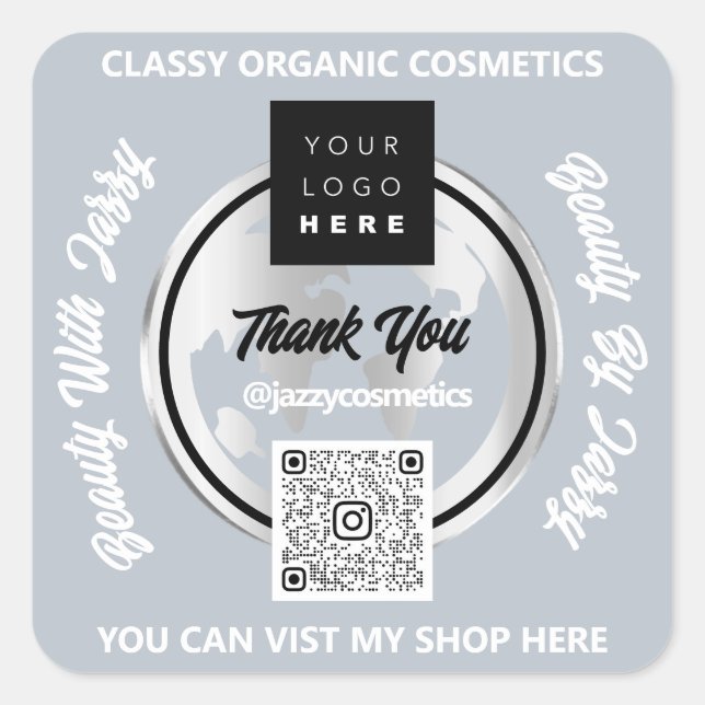 Adesivo Quadrado Obrigado Empresa Logotipo QR Código Silver MAP Glo (Frente)