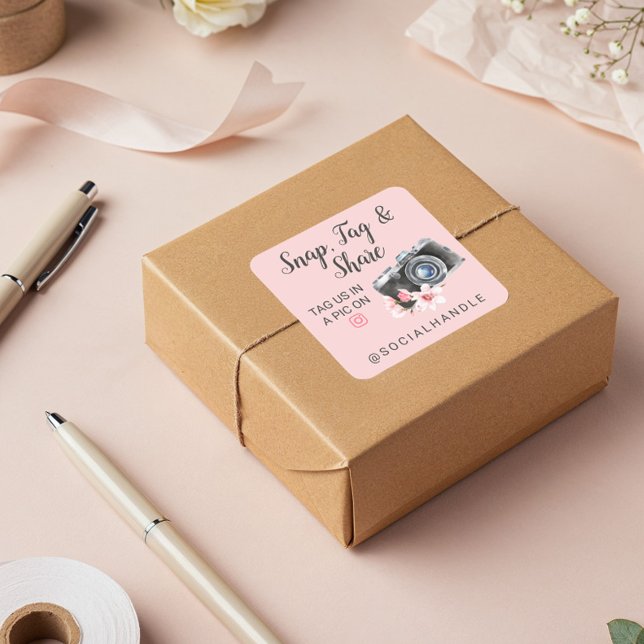 Adesivo Quadrado Obrigado Encaixar, Etiquetar e Compartilhar Câmera (Thank You Snap, Tag & Share Chic Watercolor Camera)