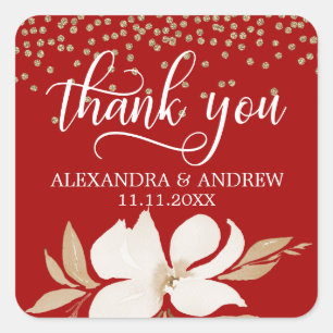 Adesivo Quadrado Obrigado floral do casamento da aguarela Dourado