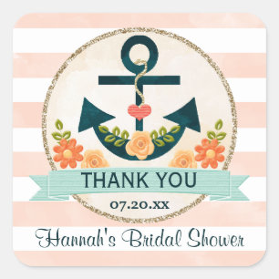 Adesivo Quadrado Obrigado floral náutico da âncora do coral e do